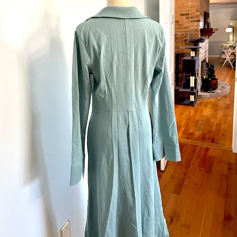 Contemporary Seafoam Collared Popover Dress Side Slits Pockets Long Sleeve Size - Picture 3 of 10